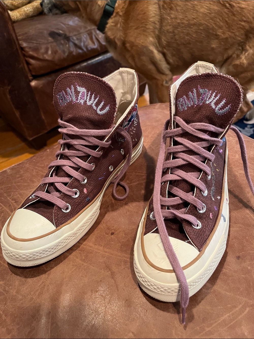 Rare Bandulu Converse High-Top Sneakers in Mauve with Multicolor Paint Splatter